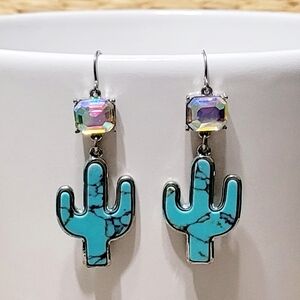 Western Turquoise Colored Cactus And Iridescent Earrings New
